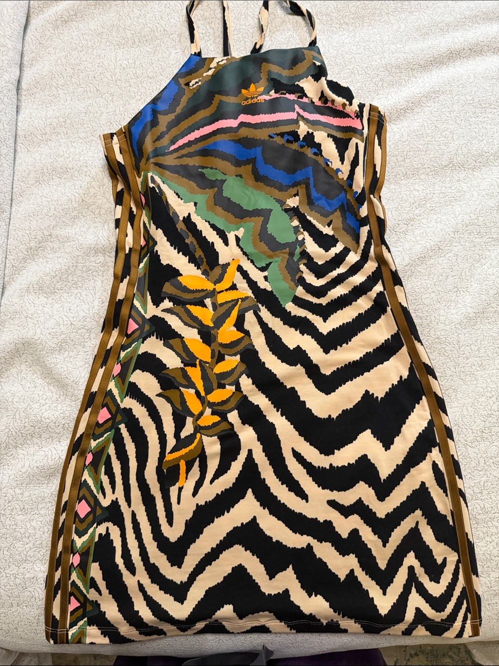 Adidas x Farm Rio Sz SmZebra-Print Slip Dress with Multicolor Botanical Accents